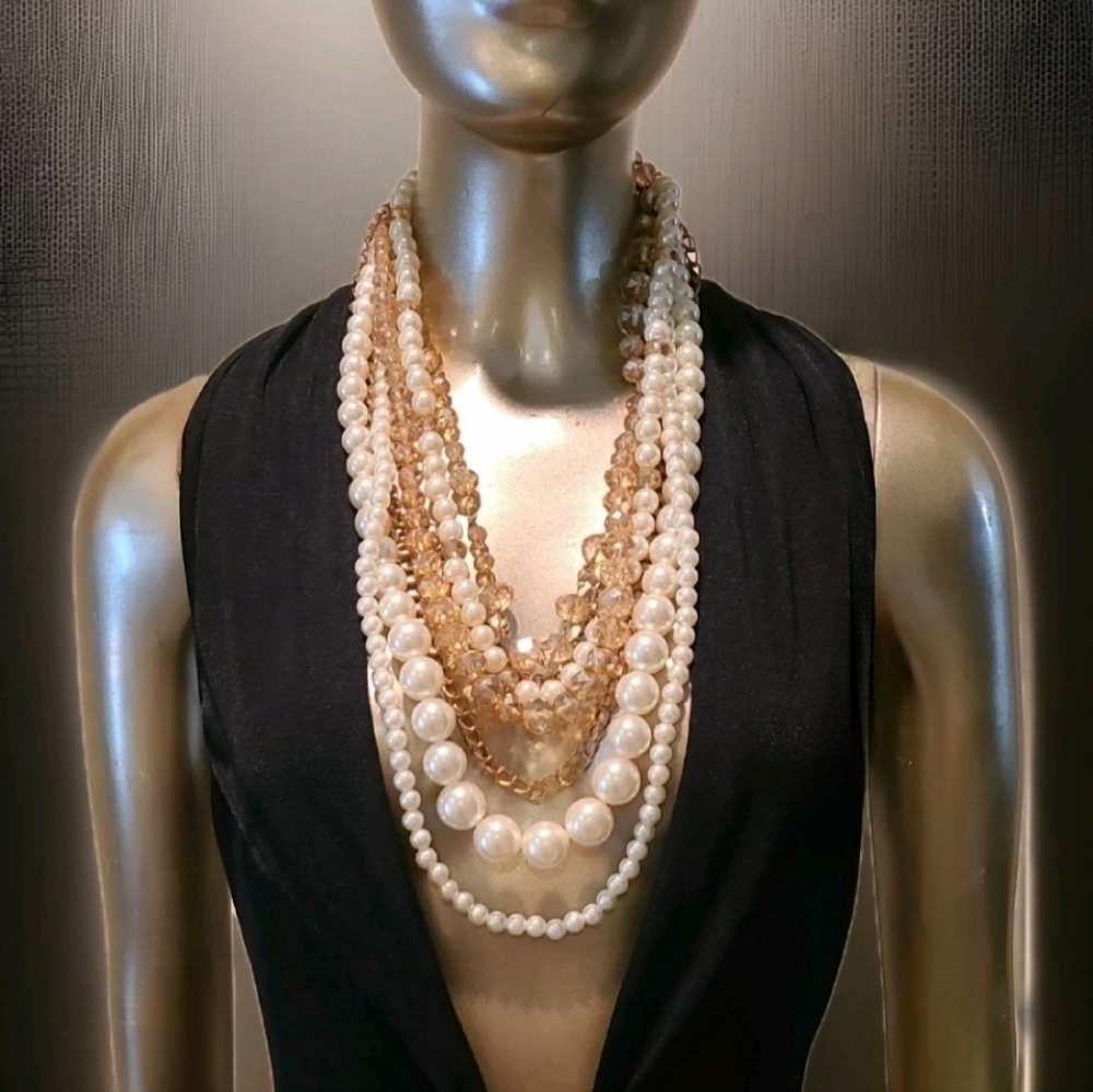 Vintage Austrian Crystal & Pearl Multi Layer Gold Necklace